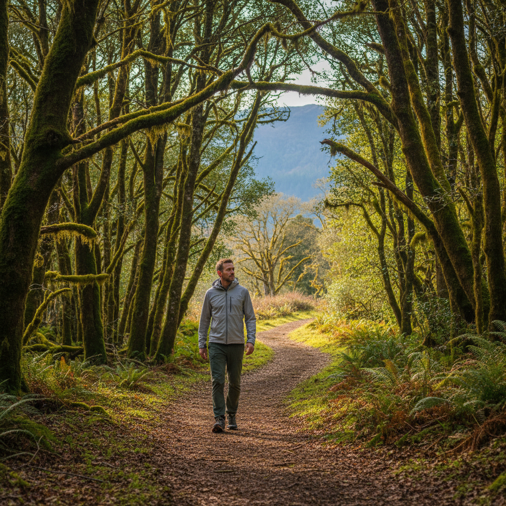 Ruhige Naturlandschaft mit einem Mann, der einen Waldweg entlangläuft – symbolisiert Bewegung, Ruhe und Verbindung mit der Natur als Teil eines bewussten Lebensstils