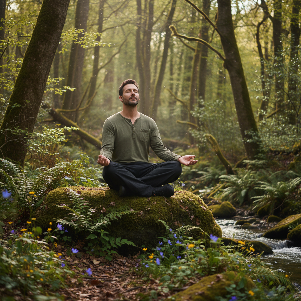 Mann sitzt ruhig auf einem Stein im Wald, Augen geschlossen, Hände entspannt auf den Knien – stille Achtsamkeitspraxis in natürlicher Umgebung