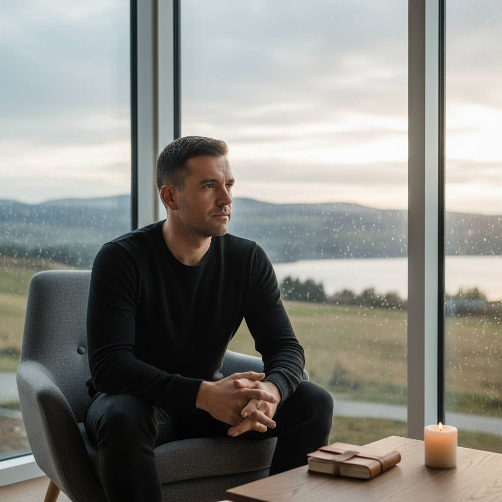 Mann sitzt ruhig an einem großen Fenster, Blick in die Ferne gerichtet, natürliches Licht fällt auf sein nachdenkliches Gesicht – Stille und innere Sammlung