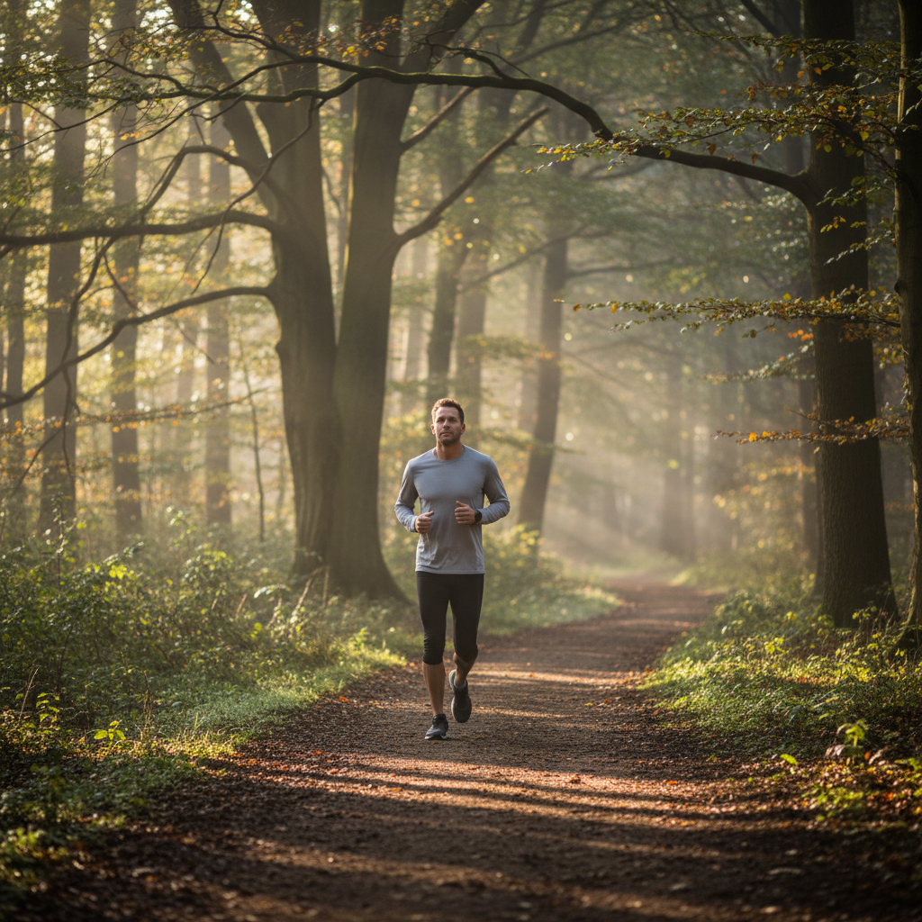 Mann beim ruhigen Joggen auf einem Waldweg im Morgenlicht, Blick nach vorne gerichtet, natürliche Umgebung aus Bäumen und weichem Licht