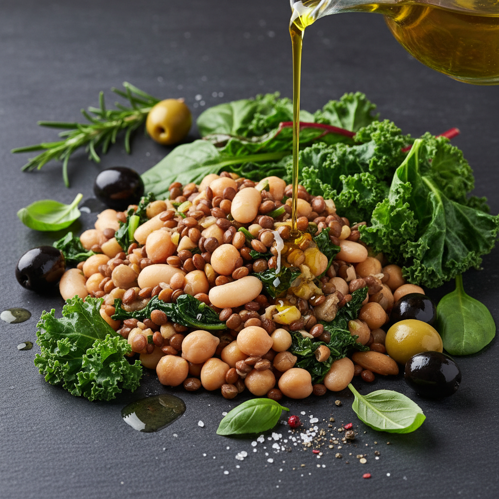 Detailaufnahme von frisch zubereiteten Speisen: Hülsenfrüchte, grünes Blattgemüse und Olivenöl auf einem dunklen Untergrund – natürliche Zutaten einer ausgewogenen Ernährungsweise