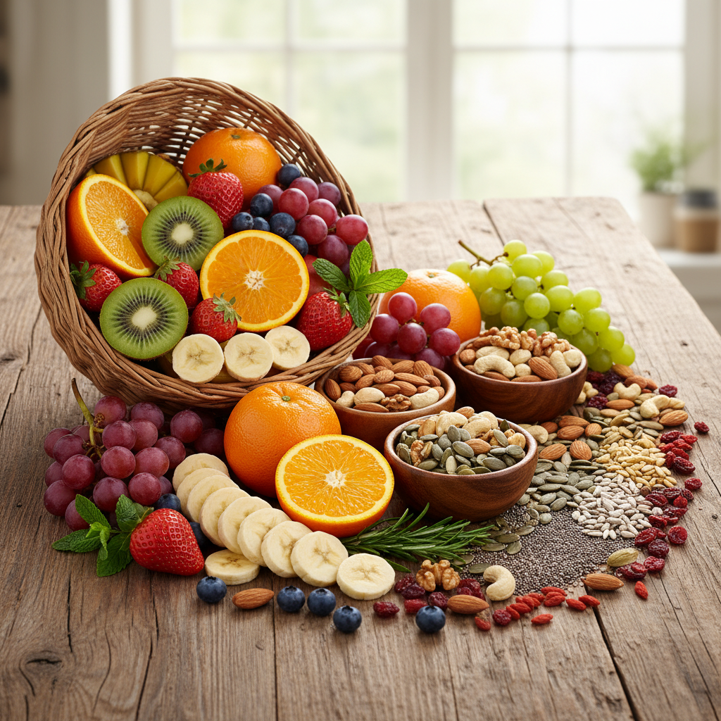 Bunte Auswahl an frischem Obst, Nüssen und Samen auf einem rustikalen Holztisch – Vielfalt natürlicher Lebensmittel als Symbol einer ausgewogenen Ernährungsweise